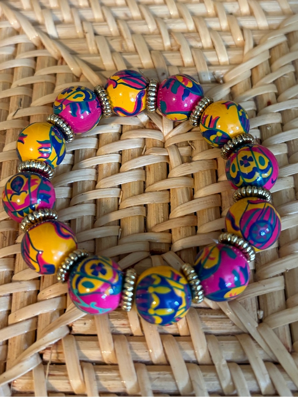 Angela Moore Hand Painted Yellow/Pink/Blue/Gold Beaded Stretch Bracelet
